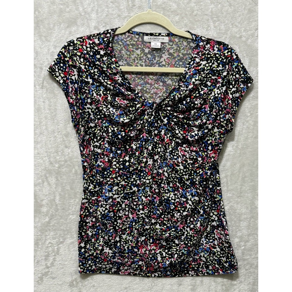 Liz Claiborne Petite Top‎ Floral Print Knot Front Short Sleeve Blouse PM